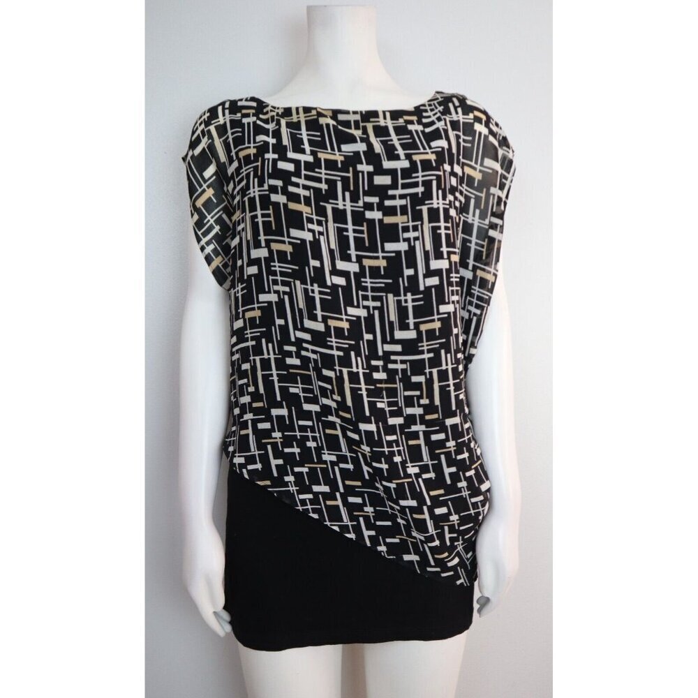 WHITE HOUSE BLACK MARKET - WOMEN'S BLACK PRINT ASYMMETRICAL TOP - SIZE XS
